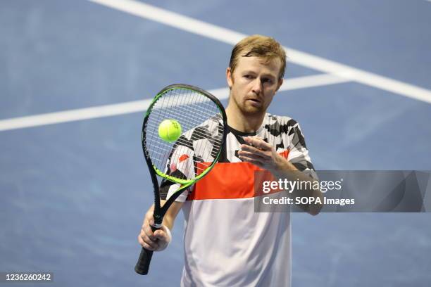 Andrey Golubev seen in action during a match; Jamie Murray of Great Britain, Bruno Soares of Brazil against Andrey Golubev of Kazakhstan, Hugo Nys of...