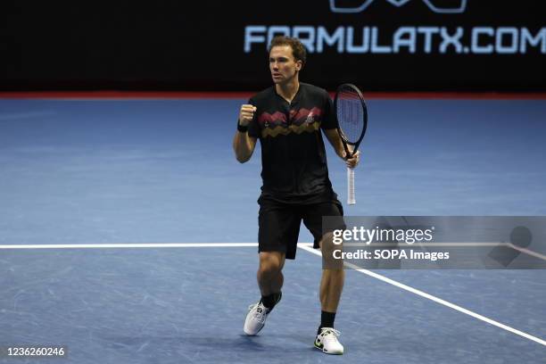 Bruno Soares seen in action during a match; Jamie Murray of Great Britain, Bruno Soares of Brazil against Andrey Golubev of Kazakhstan, Hugo Nys of...