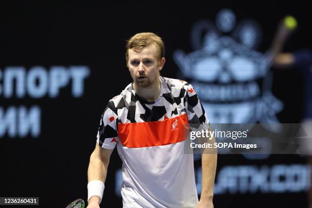 Andrey Golubev seen in action during a match; Jamie Murray of Great Britain, Bruno Soares of Brazil against Andrey Golubev of Kazakhstan, Hugo Nys of...