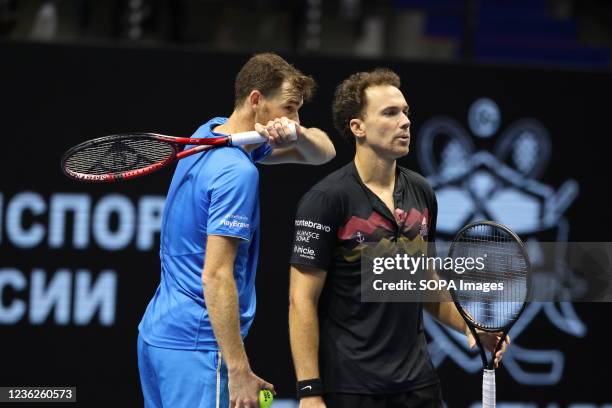 Jamie Murray of Great Britain and Bruno Soares of Brazil seen in action during a match against Andrey Golubev of Kazakhstan, Hugo Nys of Monaco at...