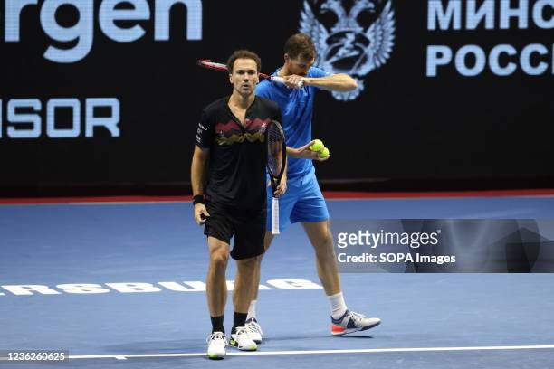 Jamie Murray of Great Britain and Bruno Soares of Brazil seen in action during a match against Andrey Golubev of Kazakhstan, Hugo Nys of Monaco at...