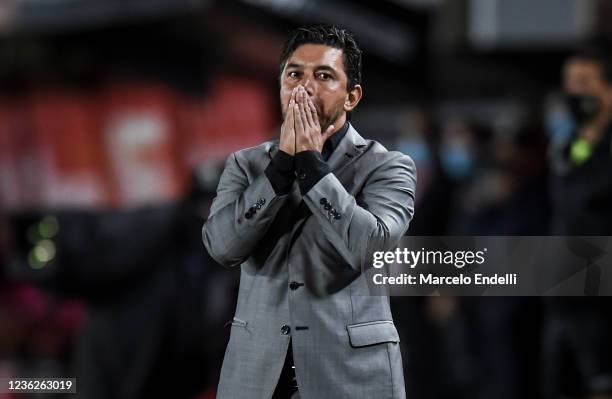 Marcelo Gallardo coach of River Plate reacts during a match between Estudiantes and River Plate as part of Torneo Liga Profesional 2021 at Jorge Luis...