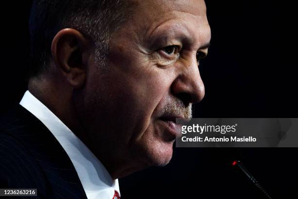 Turkish president Recep Tayyip Erdogan attends a press conference at the end of the Rome G20 Summit, on October 31, 2021 in Rome, Italy. The G20 is...