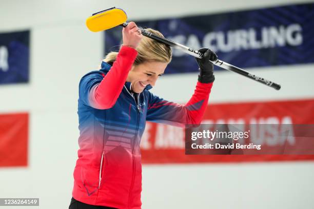 Vicky Persinger of the United States celebrates after defeating Rich Ruohonen and Jamie Sinclair 7-6 at the Mixed Doubles Olympic Trials final at...