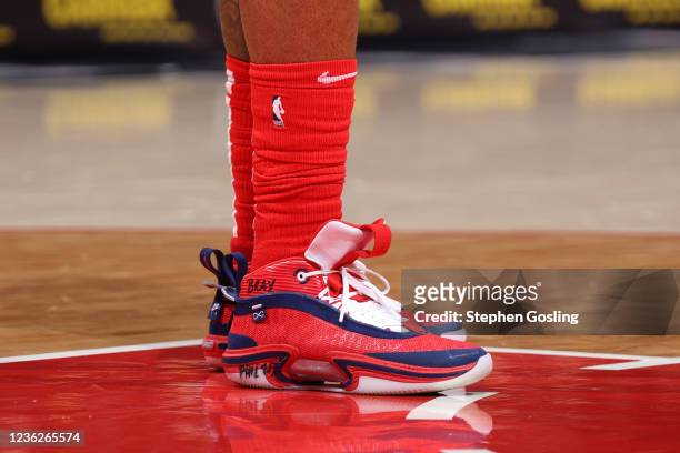 The sneakers worn by Bradley Beal of the Washington Wizards during the game against the Boston Celtics on October 30, 2021 at Capital One Arena in...
