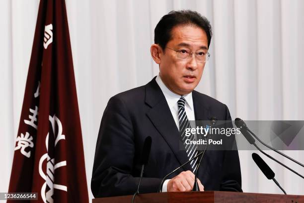 Japanese Prime Minister and ruling Liberal Democratic Party leader Fumio Kishida speaks during a press conference at the party headquarters on...