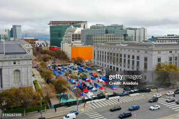 An aerial view of a homeless encampment is seen by the City Hall in San Francisco, California, United States on October 30, 2021. Last week on...