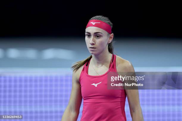 Portrait of Aleksandra Krunic in action - celebrating after scoring during the doubles final match of Transylvania Open Irina Bara and Ekaterine...