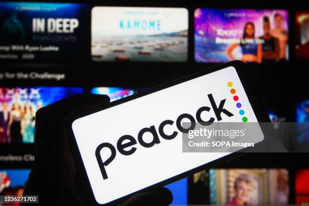 In this photo illustration a Peacock logo of an US video streaming service is seen on a smartphone.