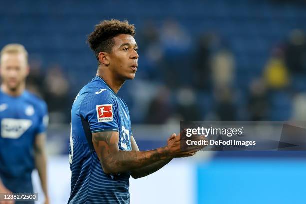 Chris Richards of TSG 1899 Hoffenheim gestures after the Bundesliga match between TSG Hoffenheim and Hertha BSC at PreZero-Arena on October 29, 2021...