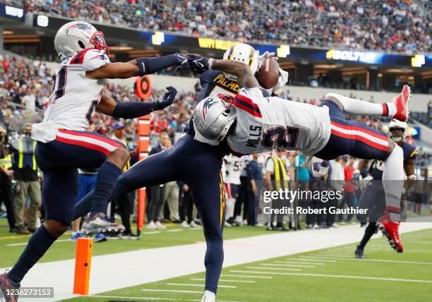 Inglewood, CA, Sunday, October 30, 2021 - Los Angeles Chargers wide receiver Josh Palmer catches a touchdown pass over New England Patriots...