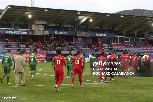 Players arrive for a match between GFC Ajaccio and US Corte at the Ange Casanova Stadium, on October 30, 2021 in Ajaccio, on the French Mediterranean...