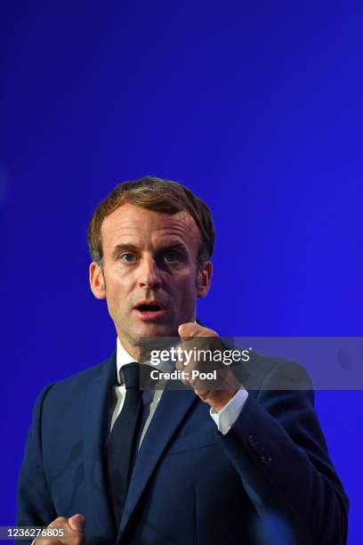 French President Emmanuel Macron presents his national statement during day two of COP26 at SECC on November 1, 2021 in Glasgow, United Kingdom. 2021...