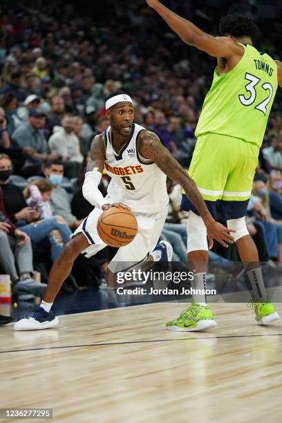 Will Barton of the Denver Nuggets handles the ball against the Minnesota Timberwolves on OCTOBER 30, 2021 at Target Center in Minneapolis, Minnesota....