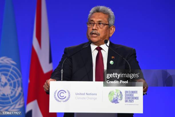 Sri Lanka President Gotabaya Rajapaksa presents his national statement during day two of COP26 at SECC on November 1, 2021 in Glasgow, United...