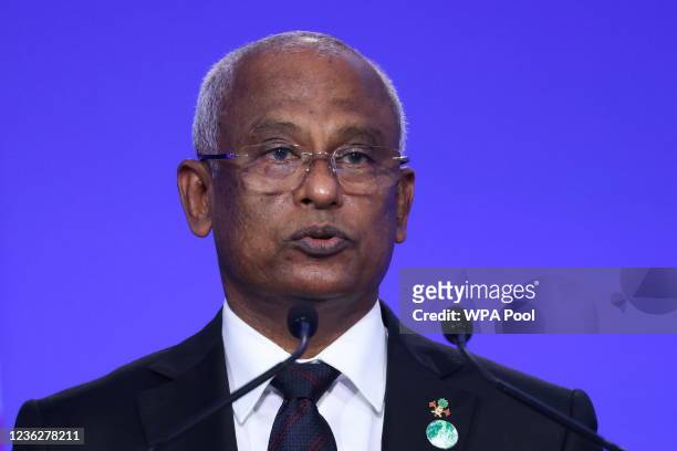 Maldives President Ibrahim Mohamed Solih speaks during the UN Climate Change Conference COP26 at SECC on November 1, 2021 in Glasgow, United Kingdom....