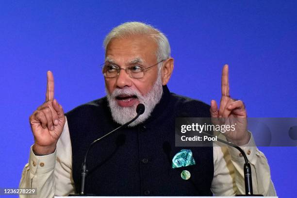 Indian Prime Minister Narendra Modi presents his national statement on day two of COP26 at SECC on November 1, 2021 in Glasgow, United Kingdom. 2021...