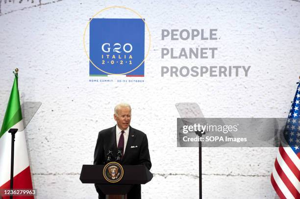 President Joe Biden speaks during a press conference in the G20 leaders' summit in Rome. The President of The United States of America, Joe Biden,...