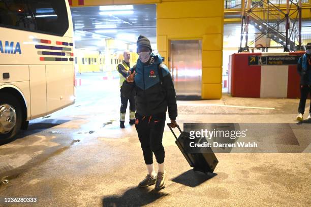 Callum Hudson-Odoi of Chelsea as they arrive at Malmo at Malmö Airport on November 1, 2021 in Malmo, Sweden.