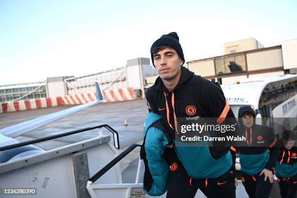 Kai Havertz of Chelsea as they travel to Malmo at Gatwick Airport on November 1, 2021 in Crawley, England.