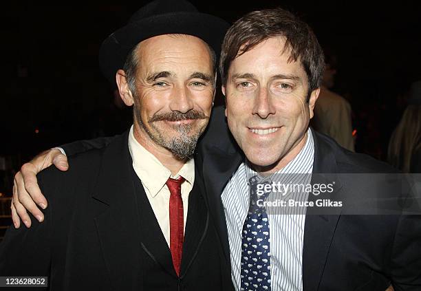 Mark Rylance and Playwright David Hirson pose at The Opening Night After Party for "La Bete" on Broadway at Gotham Hall on October 14, 2010 in New...