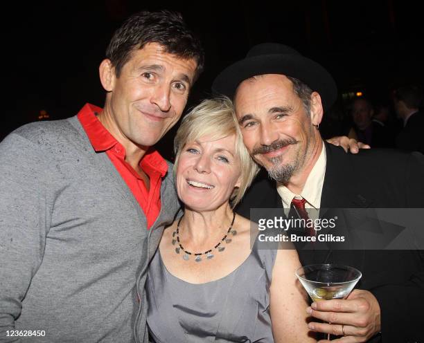 Jonathan Cake, Composer Claire van Kampen and husband Mark Rylance pose at The Opening Night After Party for "La Bete" on Broadway at Gotham Hall on...