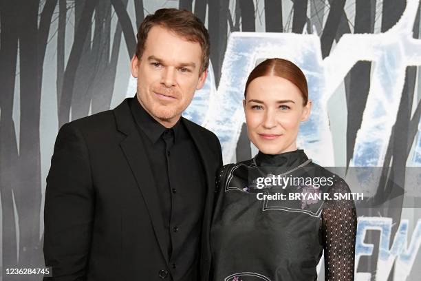 Actor Michael C. Hall and wife Morgan Mcgregor attend the premiere of "Dexter: New Blood" at Alice Tully Hall on November 1, 2021 in New York.