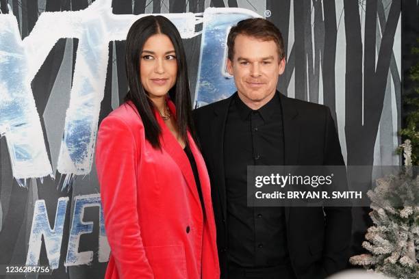 Actress Julia Jones and US actor Michael C. Hall attend the premiere of "Dexter: New Blood" at Alice Tully Hall on November 1, 2021 in New York.