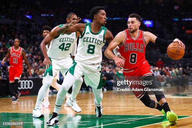 Zach LaVine of the Chicago Bulls drives to the basket against Josh Richardson of the Boston Celtics at TD Garden on November 1, 2021 in Boston,...