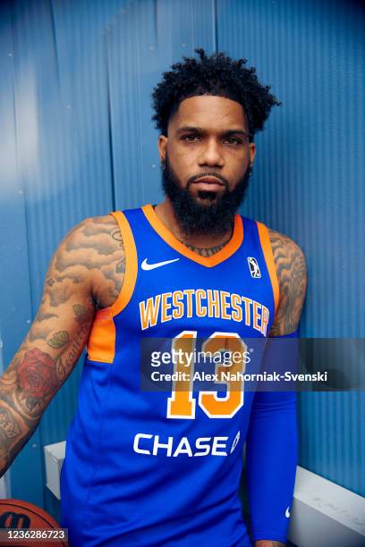 Myles Powell of the Westchester Knicks pose for a portrait during NBA G League Media Day at the Knicks Training Facility on October 29, 2021 in...