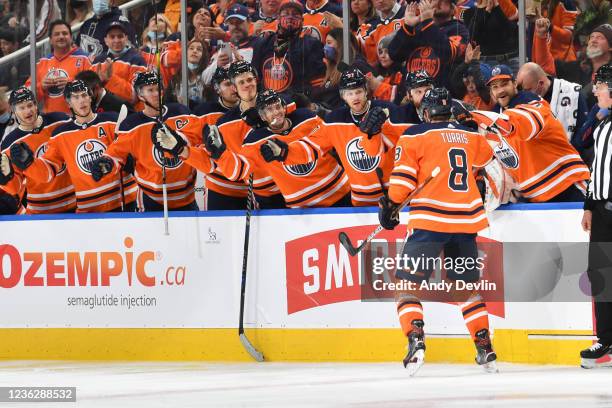 Kyle Turris of the Edmonton Oilers celebrates after a goal during the game against the Seattle Kraken on November 1, 2021 at Rogers Place in...