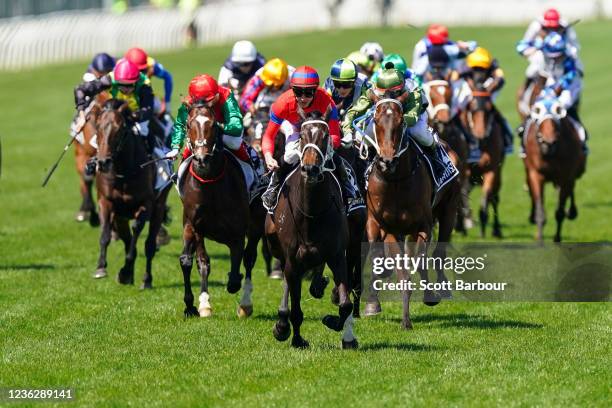 Verry Elleegant ridden by James McDonald wins the Lexus Melbourne Cup at Flemington Racecourse on November 02, 2021 in Flemington, Australia.