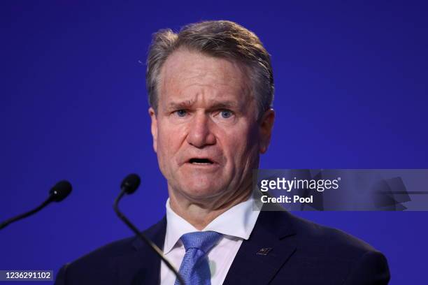 And Chairman of the Bank of America Brian Moynihan, speaks during the UN Climate Change Conference on day three of COP26 at SECC on November 2, 2021...