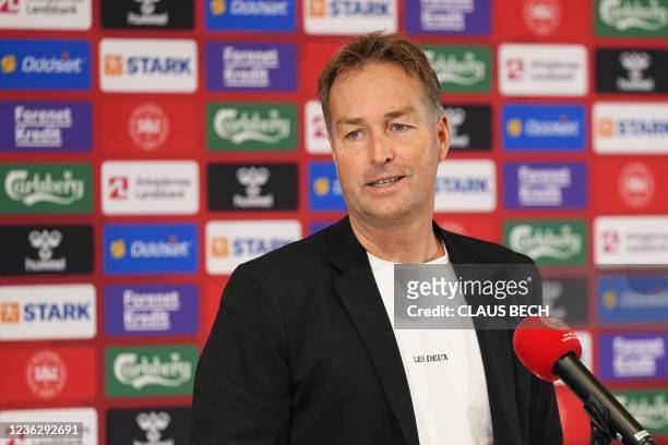 Denmark's National head coach Kasper Hjulmand speaks during a press conference to present his team for the last two matches of the year in Broendby,...