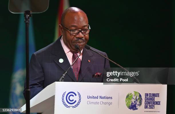 Gabon President Ali Bongo Ondimba speaks during an Action on Forests and Land Use event on day three of COP26 at SECC on November 2, 2021 in Glasgow,...