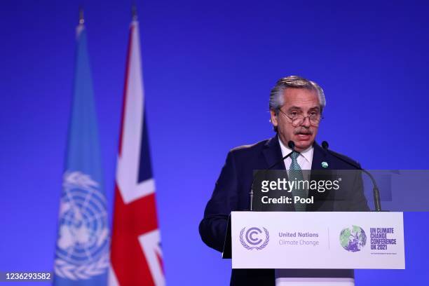 Argentina's President Alberto Fernandez makes a national statement during day three of COP26 at SECC on November 2, 2021 in Glasgow, United Kingdom....