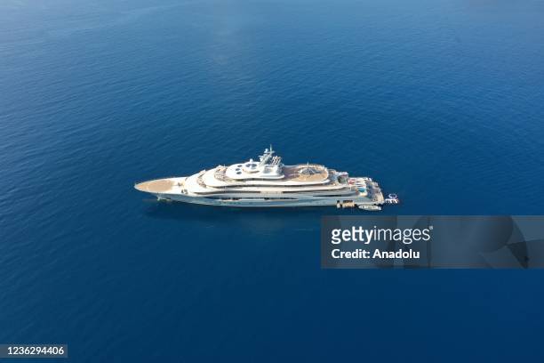 Drone photo shows founder and executive chairman of Amazon Jeff Bezos' superyacht "Flying Fox" with a length of 136 meters anchored offshore of Yali...