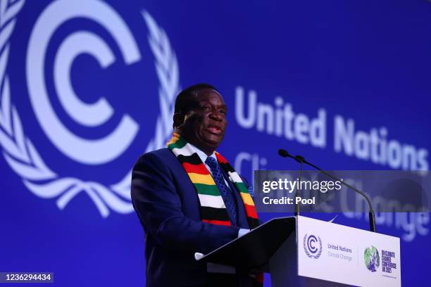 Zimbabwe's President Emmerson Mnangagwa makes a national statement during day three of COP26 at SECC on November 2, 2021 in Glasgow, United Kingdom....