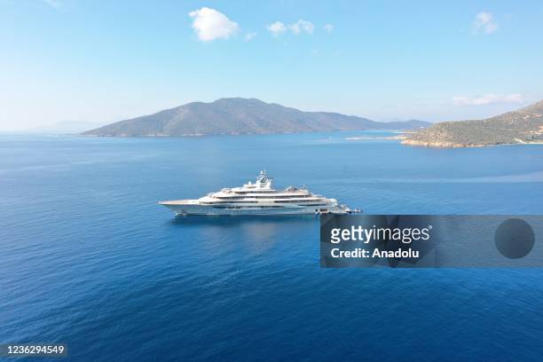 Founder and executive chairman of Amazon Jeff Bezos' superyacht "Flying Fox" with a length of 136 meters is seen anchored offshore of Yali...