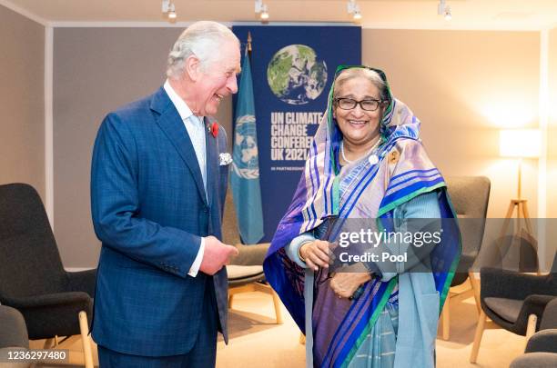 Prince Charles, Prince of Wales greets the Prime Minister of Bangladesh Sheikh Hasina Wazed ahead of their bilateral meeting on day three of COP26 at...