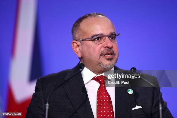 Bahrain's Crown Prince and Prime Minister Salman bin Hamad Al Khalifa speaks during the UN Climate Change Conference during day three of COP26 at...