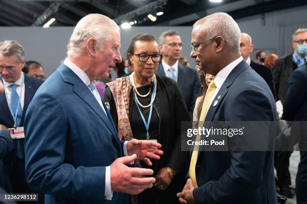 Prince Charles, Prince of Wales chats with President of the Maldives, Ibrahim Mohamed Solih at a Commonwealth Leaders' Reception hosted by the Prince...