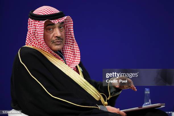 Kuwait's Prime Minister Sheikh Sabah al-Khalid al-Sabah waits before speaking during the UN Climate Change Conference during day three of COP26 at...