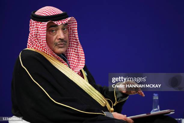 Kuwait's Prime Minister Sheikh Sabah al-Khalid al-Sabah waits to make a national statement on the second day of the COP26 UN Climate Summit in...