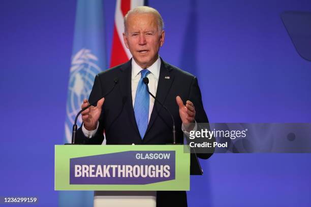 President Joe Biden speaks during the World Leaders' Summit "Accelerating Clean Technology Innovation and Deployment" session on day three of COP26...