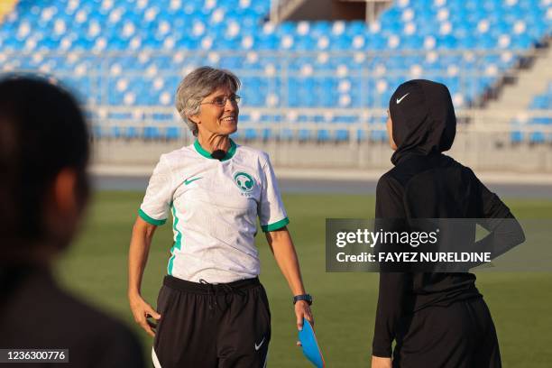 German coach Monika Staab leads a training session for the newly-established Saudi Women's National Football Team at the Prince Faisal bin Fahd...