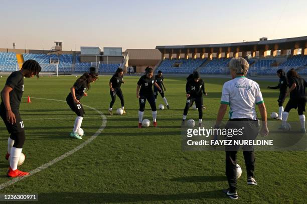 German coach Monika Staab leads a training session for the newly-established Saudi Women's National Football Team at the Prince Faisal bin Fahd...