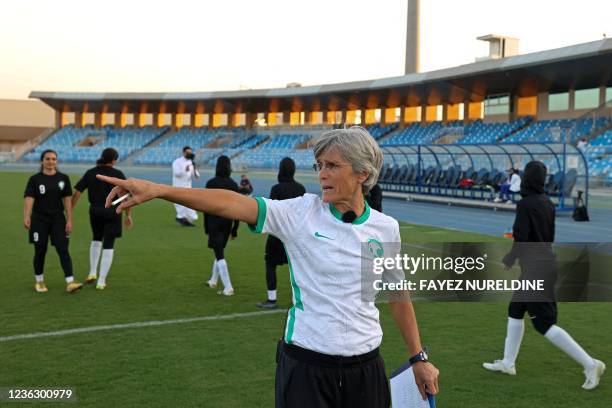 German coach Monika Staab leads a training session for the newly-established Saudi Women's National Football Team at the Prince Faisal bin Fahd...