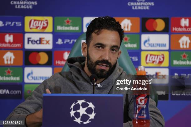 Head coach Ruben Amorim and player Pedro Goncalves of Sporting Lisbon give a press conference ahead of UEFA Champions League 4th Group C match...