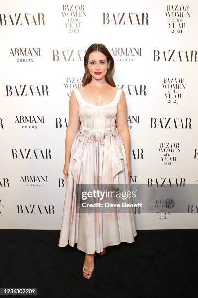 Claire Foy attends the Harper's Bazaar Women of the Year Awards 2021, in partnership with Armani Beauty, at Claridge's Hotel on November 2, 2021 in...